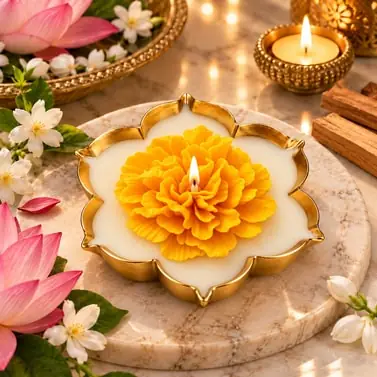 A marigold candle in a gold lotus urli