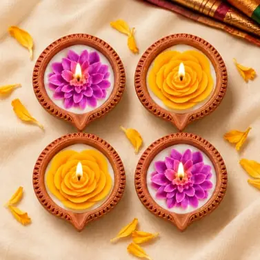 Four flower-shaped diyas in pink and yellow