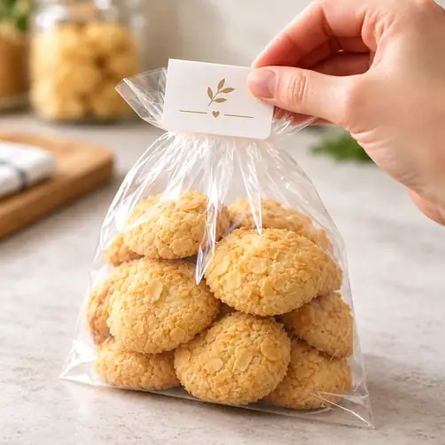 Cashew cookies in a clear bag with a small card