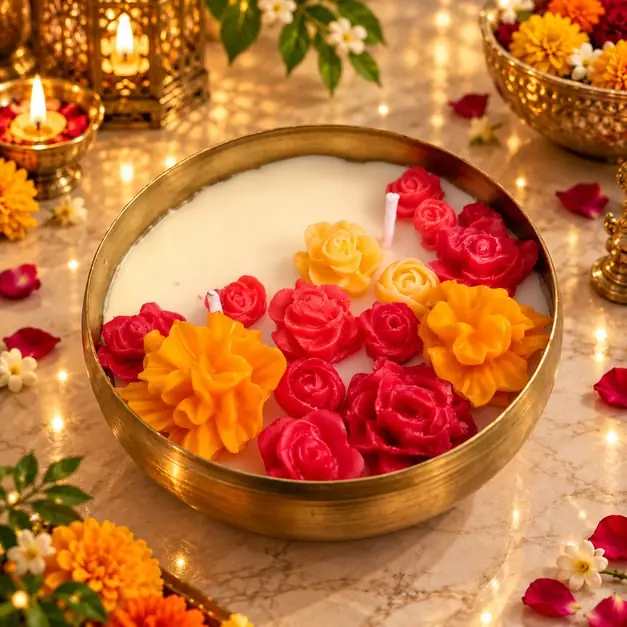 A brass urli of rose and marigold candles
